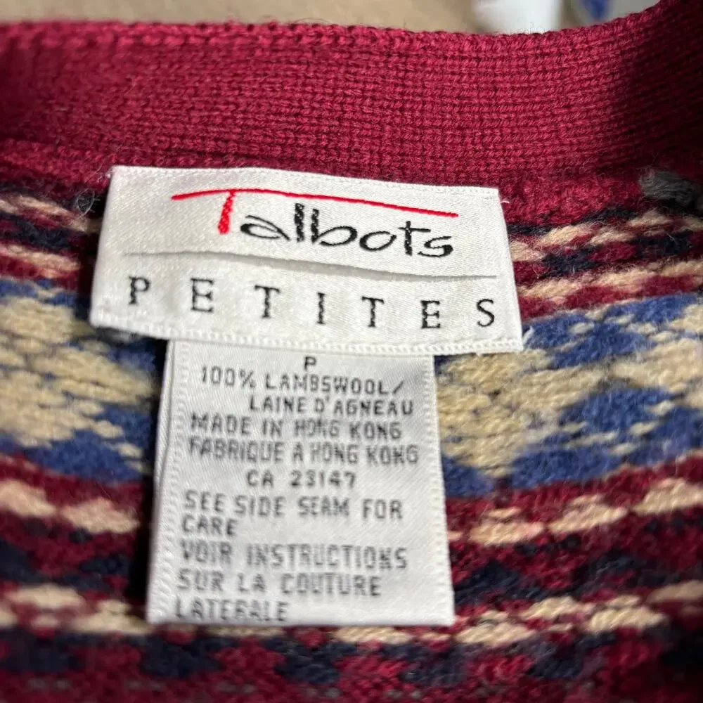 Vintage Talbots Fair Isle Wool Sweater Vest Burgundy Button Front Petite Preppy‎